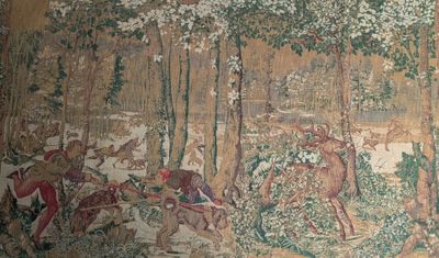 a picture of a tapestry with a picture of people in the woods