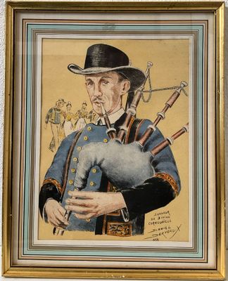 un vieux tableau représentant un homme coiffé d'un chapeau et tenant une cornemuse