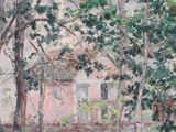 an oil painting of a house in a wooded area with trees