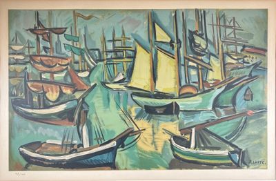 une peinture représentant des bateaux dans un port, avec le ciel en arrière-plan