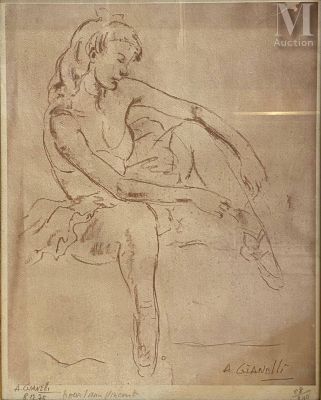 un vieux dessin représentant une femme assise sur une chaise, les jambes croisées