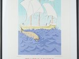 framed poster of a boat in the water with a fish in the foreground