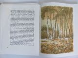 an open book with a picture of a forest in it