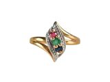 a close up of a gold ring with a green, red, and blue stone