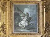 a painting of a man riding a horse in a gold frame