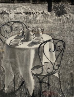 a drawing of a table and chairs in a field