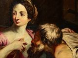 painting of a woman and a man with a dog in a room