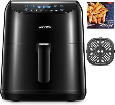 a black air fryer sitting on top of a white counter