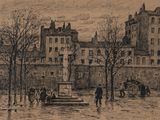 a drawing of a fountain in the middle of a city