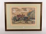 tableau représentant une scène de vie à la ferme avec un cheval tiré par un homme