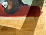 a painting of a woman sitting on a bench