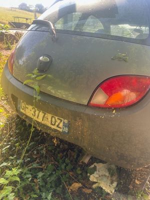 une voiture garée dans l'herbe près d'une clôture