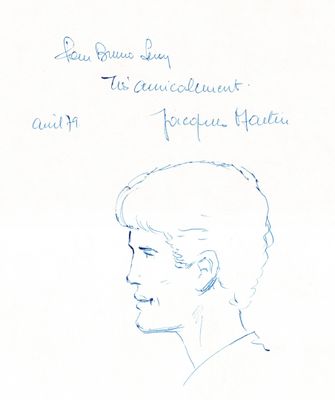 dessin représentant le profil d'un homme à l'encre bleue, accompagné d'une citation manuscrite