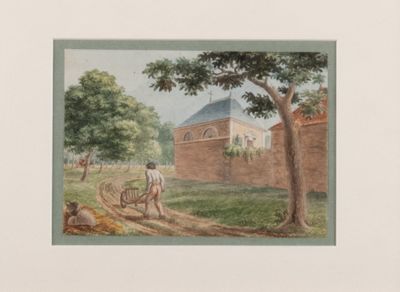 tableau représentant un homme labourant un champ avec un cheval et une charrette