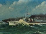 une peinture à l'huile représentant un navire au milieu d'une vaste étendue d'eau