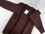 the sweater is brown and has a white tag on it