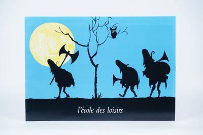 a painting of three witches on horseback with a full moon in the background