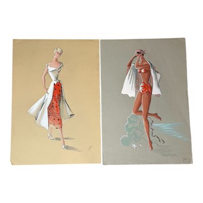 two paintings of a woman in a red dress and a woman in a white dress and a woman in a red dress