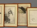 three framed drawings of a woman and a bird on a gray background