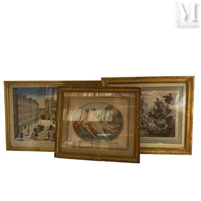 two framed pictures of a dog and a cat on a city street