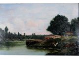 un tableau représentant un bateau sur une rivière, avec une maison en arrière-plan