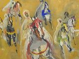 a painting of a group of people riding horses