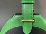 green and black purse with a gold buckle on a grey background