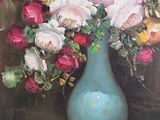a painting of flowers in a blue vase on a table