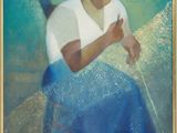 painting of a woman sitting in a chair with a cane