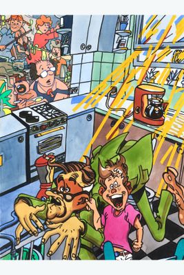 illustration représentant un homme et une femme dans une cuisine, avec un chien au premier plan