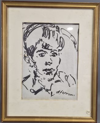 an ink drawing of a man with a hat on his head