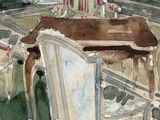 a watercolor painting of a living room with a table and chairs