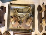 a picture of a collection of musical instruments displayed on a table