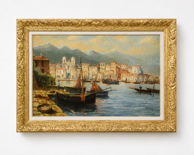 une peinture à l'huile d'une scène portuaire avec des bateaux dans l'eau