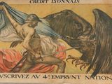 painting of a man holding a sword and a bird on a poster