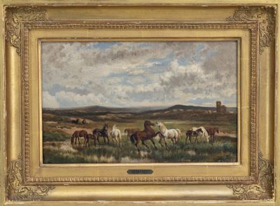 an oil painting of horses in a field with a castle in the background