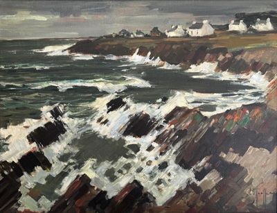 une peinture à l'huile représentant des vagues qui se brisent sur une plage rocheuse