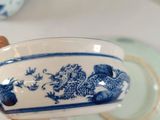 a person holding a blue and white plate with a dragon on it
