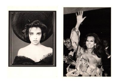 two black and white photos of a woman in a dress and a picture of a man in a hat