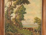 an oil painting of cows grazing in a pasture by a river