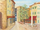 a painting of a street scene with buildings and a fountain