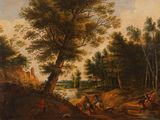 painting of a wooded landscape with a river and people on horseback
