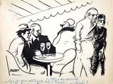drawing of a group of men sitting at a table in a restaurant