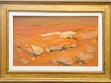 une peinture à l'huile représentant un paysage désertique avec des rochers au premier plan