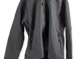 the back of a black jacket with red zippers on it