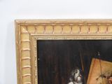 a painting of a dog sitting in front of an easel