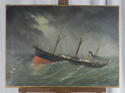 peinture sur chevalet représentant un navire en pleine mer, avec le ciel en arrière-plan