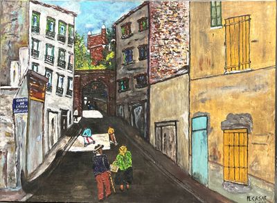 un tableau représentant deux personnes marchant dans la rue