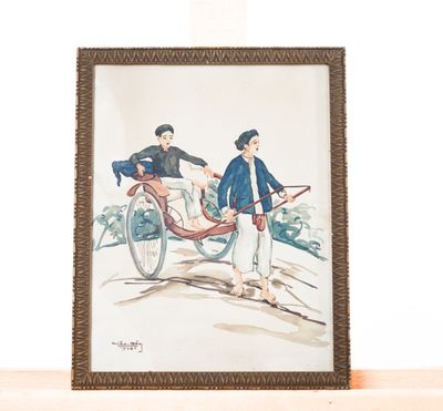 une photo d'un tableau représentant deux hommes à vélo