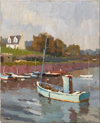 a painting of a boat in the water with a house in the background